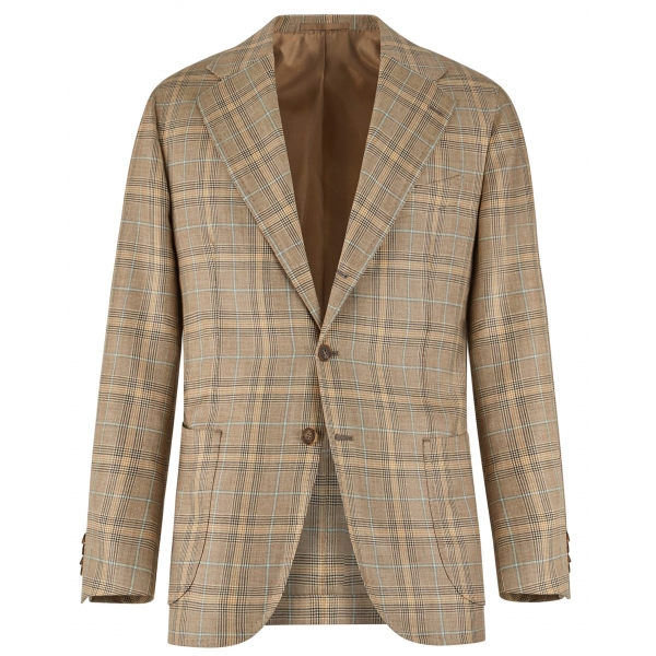 Viola Milano - Blazer Sartoriale Semi-Foderato 100% Cashmere - Beige Quadri - Handmade in Italy - Luxury Exclusive Collection