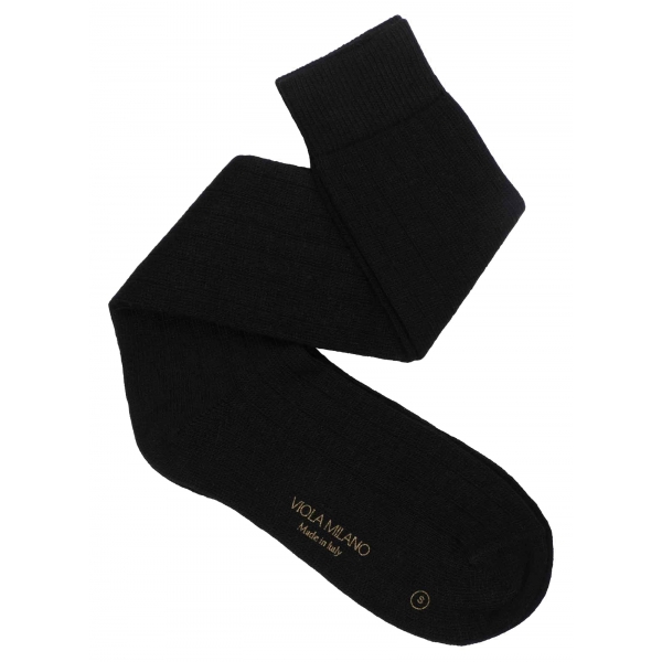 Viola Milano - Calzini Sopra il Polpaccio in 100% Cashmere - Nero - Handmade in Italy - Luxury Exclusive Collection