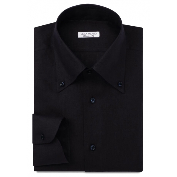 Viola Milano - Solid Linen Button-Down Collar Shirt - Midnight Navy - Handmade in Italy - Luxury Exclusive Collection
