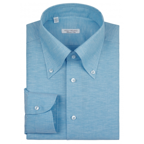 Viola Milano - Solid Carlo Riva Oxford/Linen Button-Down Shirt - Sea - Handmade in Italy - Luxury Exclusive Collection