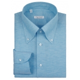 Viola Milano - Solid Carlo Riva Oxford/Linen Button-Down Shirt - Sea - Handmade in Italy - Luxury Exclusive Collection