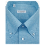Viola Milano - Solid Carlo Riva Oxford/Linen Button-Down Shirt - Sea - Handmade in Italy - Luxury Exclusive Collection