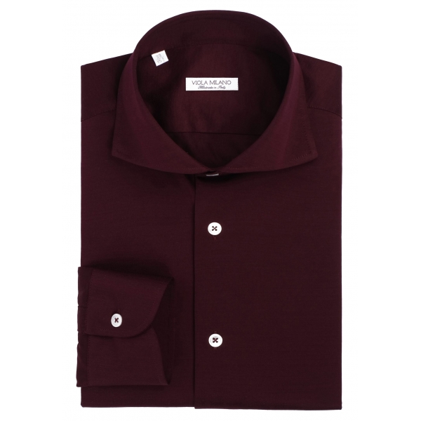 Viola Milano - Solid Cotton Stretch Cut-Away Collar Dress Shirt - Bordeaux - Handmade in Italy - Luxury Exclusive Collection