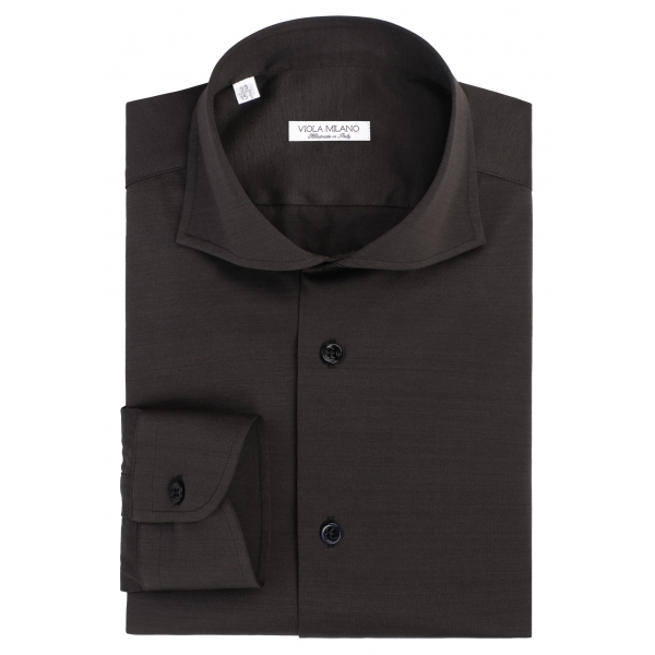 Viola Milano - Solid Cotton Stretch Cut-Away Collar Dress Shirt - Forest - Handmade in Italy - Luxury Exclusive Collection
