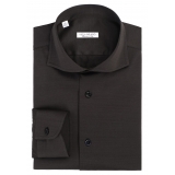 Viola Milano - Solid Cotton Stretch Cut-Away Collar Dress Shirt - Forest - Handmade in Italy - Luxury Exclusive Collection
