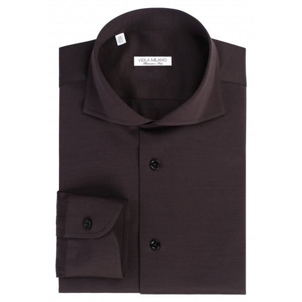 Viola Milano - Solid Cotton Stretch Cut-Away Collar Dress Shirt - Grey - Handmade in Italy - Luxury Exclusive Collection