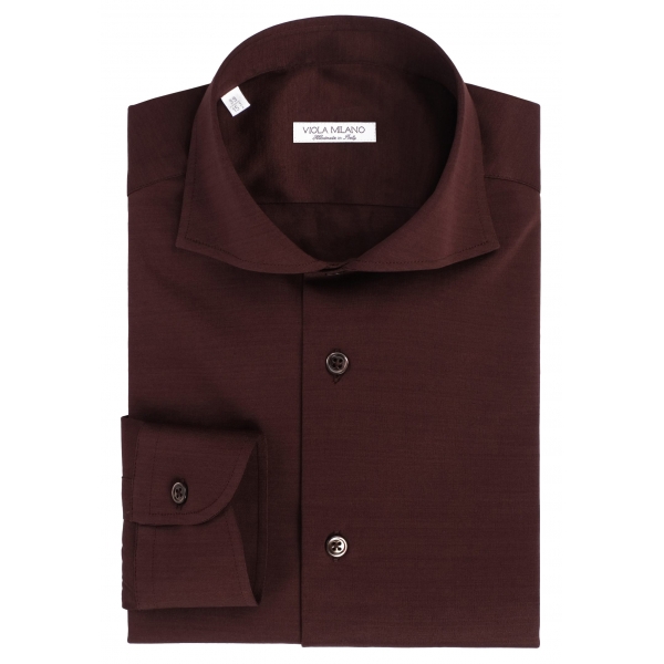 Viola Milano - Solid Cotton Stretch Cut-Away Collar Dress Shirt - Brown - Handmade in Italy - Luxury Exclusive Collection