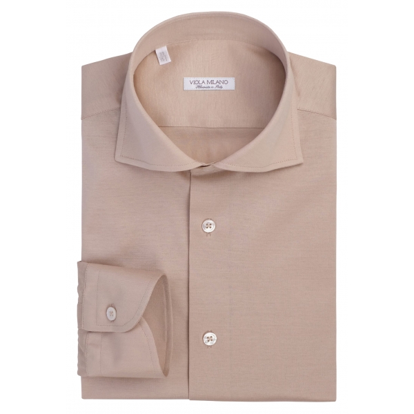 Viola Milano - Solid Cotton Stretch Cut-Away Collar Dress Shirt - Natural Sand - Handmade in Italy - Luxury Exclusive Collection