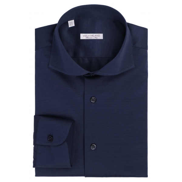 Viola Milano - Solid Cotton Stretch Cut-Away Collar Dress Shirt - Navy Blue - Handmade in Italy - Luxury Exclusive Collection