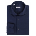 Viola Milano - Solid Cotton Stretch Cut-Away Collar Dress Shirt - Navy Blue - Handmade in Italy - Luxury Exclusive Collection