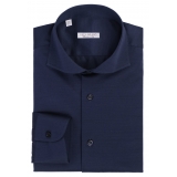 Viola Milano - Solid Cotton Stretch Cut-Away Collar Dress Shirt - Navy Blue - Handmade in Italy - Luxury Exclusive Collection