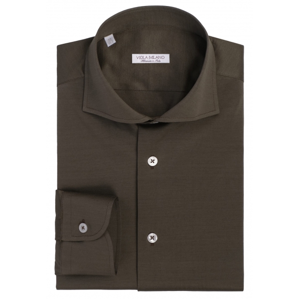 Viola Milano - Solid Cotton Stretch Cut-Away Collar Dress Shirt - Olive Green - Handmade in Italy - Luxury Exclusive Collection