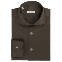 Viola Milano - Solid Cotton Stretch Cut-Away Collar Dress Shirt - Olive Green - Handmade in Italy - Luxury Exclusive Collection