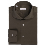 Viola Milano - Solid Cotton Stretch Cut-Away Collar Dress Shirt - Olive Green - Handmade in Italy - Luxury Exclusive Collection