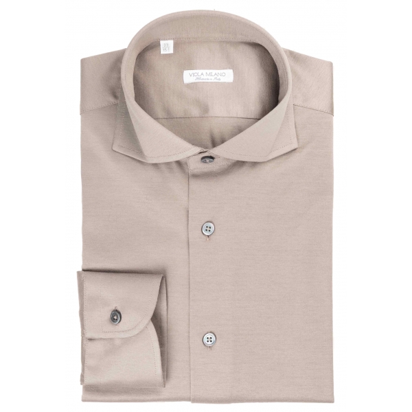 Viola Milano - Solid Cotton Stretch Cut-Away Collar Dress Shirt - Taupe - Handmade in Italy - Luxury Exclusive Collection
