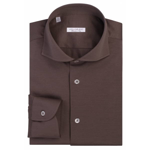 Viola Milano - Solid Cotton Stretch Cut-Away Collar Dress Shirt - Taupe Brown - Handmade in Italy - Luxury Exclusive Collection