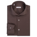 Viola Milano - Solid Cotton Stretch Cut-Away Collar Dress Shirt - Taupe Brown - Handmade in Italy - Luxury Exclusive Collection
