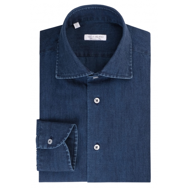 Viola Milano - Solid Denim Cut Away Collar Dress Shirt - Handmade in Italy - Luxury Exclusive Collection