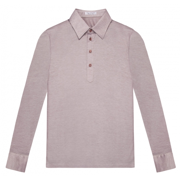 Viola Milano - Solid Long Sleeve Cotton Stretch Polo - Beige Melange - Handmade in Italy - Luxury Exclusive Collection