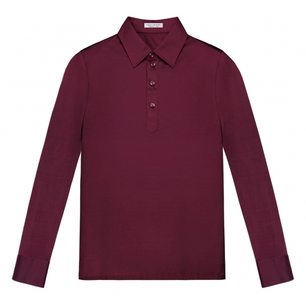 Viola Milano - Solid Long Sleeve Cotton Stretch Polo - Bordeaux - Handmade in Italy - Luxury Exclusive Collection