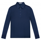 Viola Milano - Solid Long Sleeve Cotton Stretch Polo - Navy Blue - Handmade in Italy - Luxury Exclusive Collection
