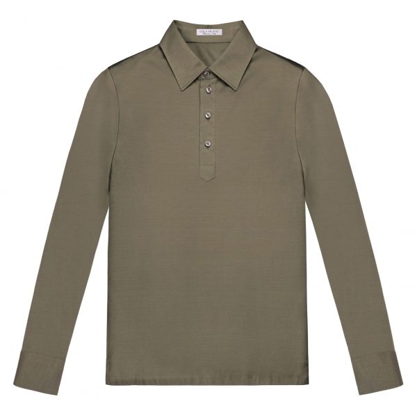 Viola Milano - Solid Long Sleeve Cotton Stretch Polo - Olive Green - Handmade in Italy - Luxury Exclusive Collection