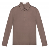 Viola Milano - Solid Long Sleeve Cotton Stretch Polo - Taupe Brown - Handmade in Italy - Luxury Exclusive Collection