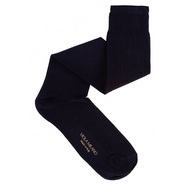 Viola Milano - Solid Over-The-Calf Cotton/Silk Socks - Navy - Handmade in Italy - Luxury Exclusive Collection