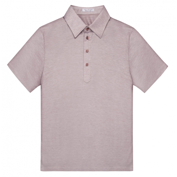Viola Milano - Solid Short Sleeve Cotton Stretch Polo - Beige Melange - Handmade in Italy - Luxury Exclusive Collection