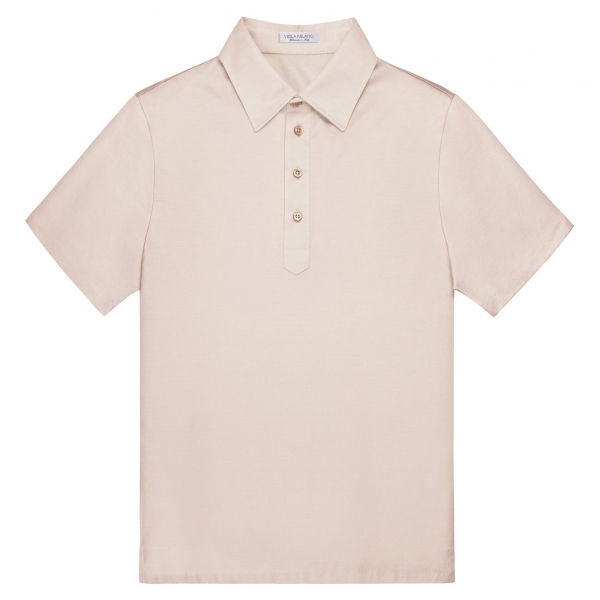 Viola Milano - Solid Short Sleeve Cotton Stretch Polo - Natural Sand - Handmade in Italy - Luxury Exclusive Collection