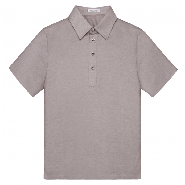 Viola Milano - Solid Short Sleeve Cotton Stretch Polo - Taupe Melange - Handmade in Italy - Luxury Exclusive Collection