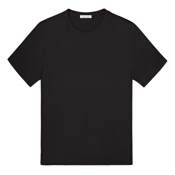 Viola Milano - Solid Short Sleeve Cotton Stretch T-Shirt - Black - Handmade in Italy - Luxury Exclusive Collection