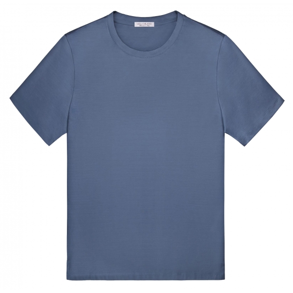 Viola Milano - Solid Short Sleeve Cotton Stretch T-Shirt - Sea Denim - Handmade in Italy - Luxury Exclusive Collection