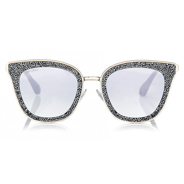 Jimmy Choo - Lizzy - Grey and Silver Cat-Eye Sunglasses with Crystal Detailing - Sunglasses - Jimmy Choo Eyewear