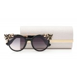 Jimmy Choo - Vivy - Black and Gold Round Framed Sunglasses with Detachable Jewel Clip On - Sunglasses - Jimmy Choo Eyewear