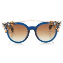 Jimmy Choo - Vivy - Blue and Gold Round Framed Sunglasses with Detachable Jewel Clip On - Sunglasses - Jimmy Choo Eyewear