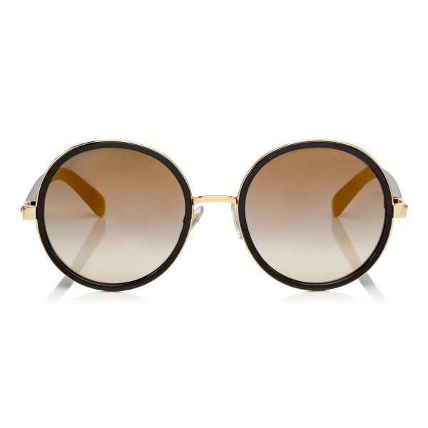 Jimmy Choo - Andie - Black Acetate Round Framed Sunglasses with Leapard Cavallino Leather Detailing - Jimmy Choo Eyewear
