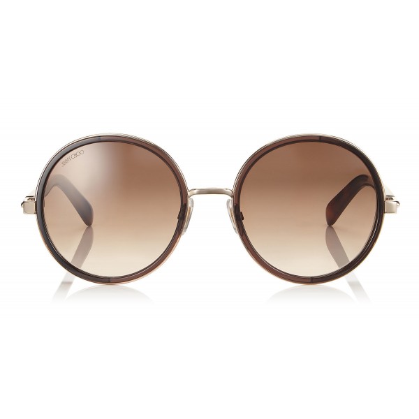 Jimmy Choo - Andie - Havana Brown Acetate Round Framed Sunglasses with Gold Silver Crystal Fabric Detailing - Jimmy Choo Eyewear