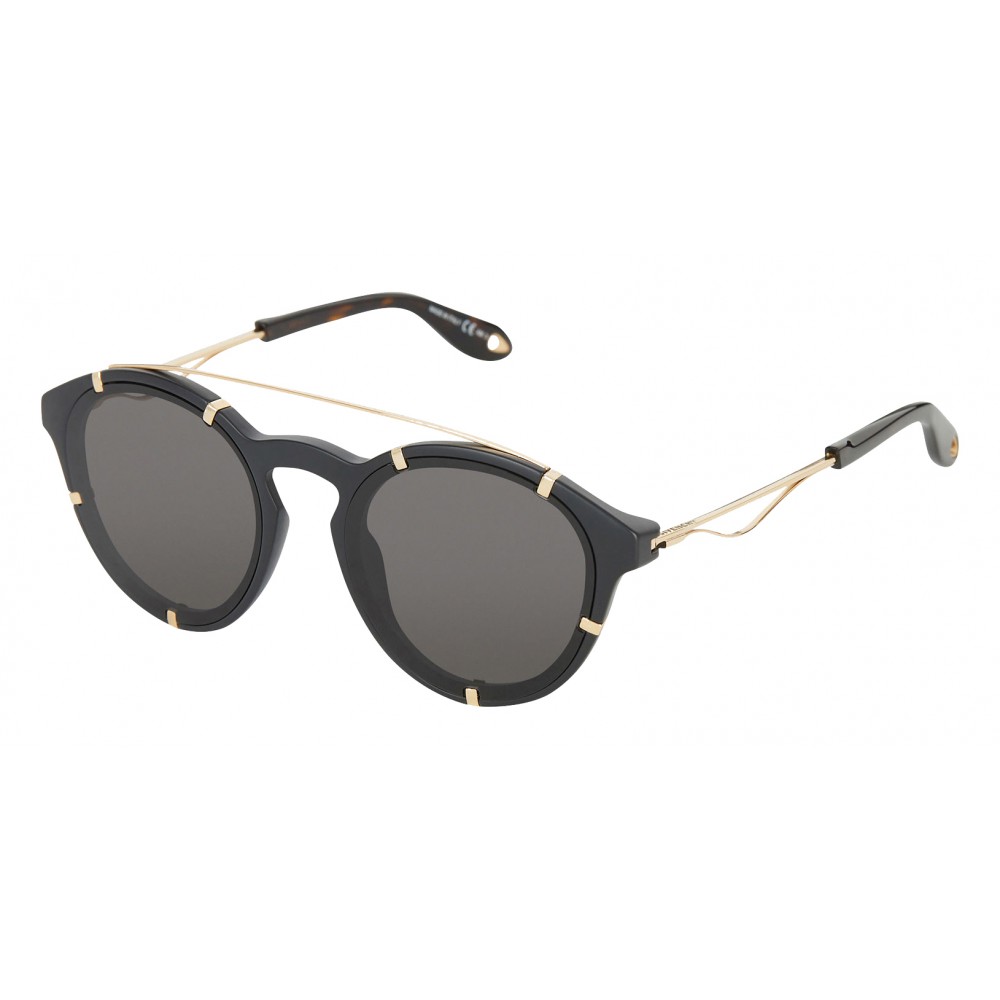 Givenchy - Black Acetate Round Sunglasses with Gold Frame Finish and ...