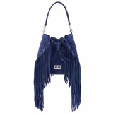 Aleksandra Badura - Lucky Bucket Bag Medium - Borsa a Frange Media - Blu China - Alta Qualità Luxury