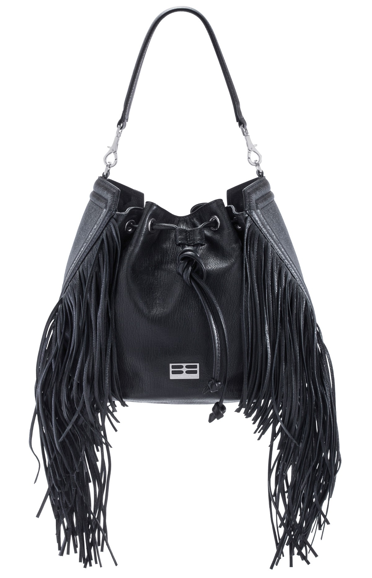 Delia Suede Leather Fringe Bucket Bag in Black