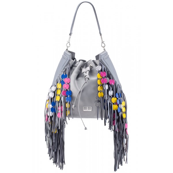 Aleksandra Badura - Lucky Bucket Bag - Fringe Bucket Bag - Ice - Luxury High Quality Leather Bag