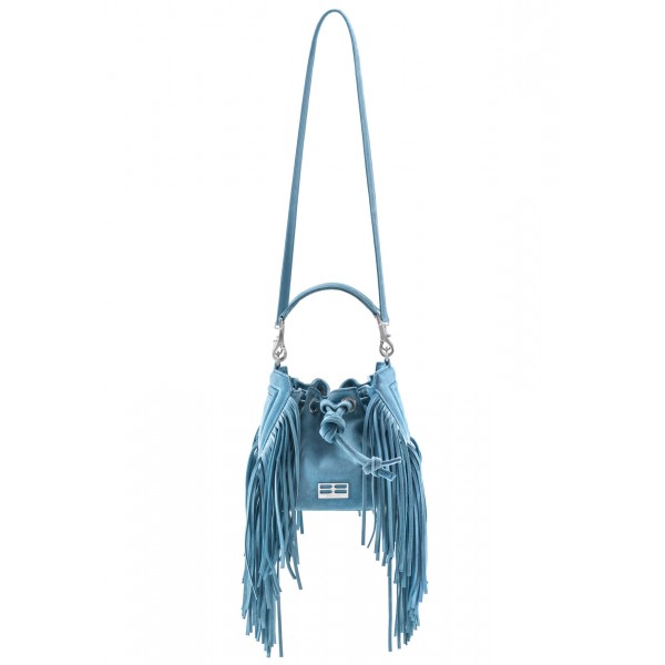 Aleksandra Badura - Lucky Bucket Bag Mini - Fringe Bucket Bag - Sky - Luxury High Quality Leather Bag