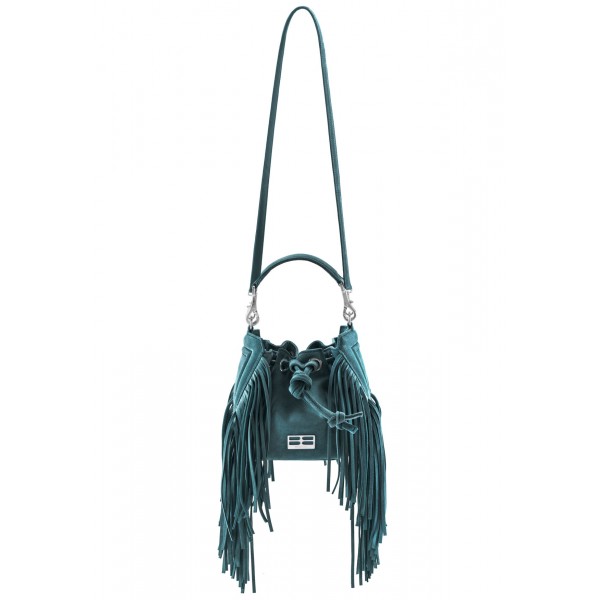 Aleksandra Badura - Lucky Bucket Bag Mini - Borsa a Frange - Deep Teal - Borsa in Pelle di Alta Qualità Luxury