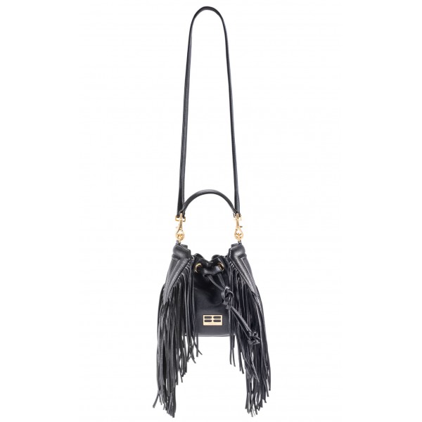 Aleksandra Badura - Lucky Bucket Bag Mini - Fringe Bucket Bag - Black - Luxury High Quality Leather Bag