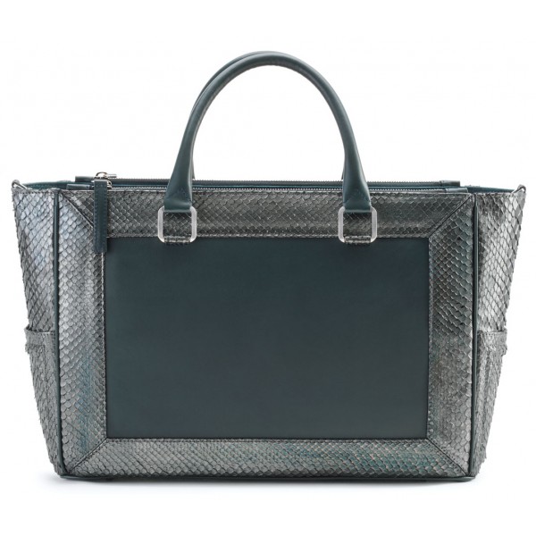 Aleksandra Badura - Ladylike Medium Bag - Calfskin & Python Top-Handle Tote Bag - Dark Teal - Luxury High Quality Leather Bag