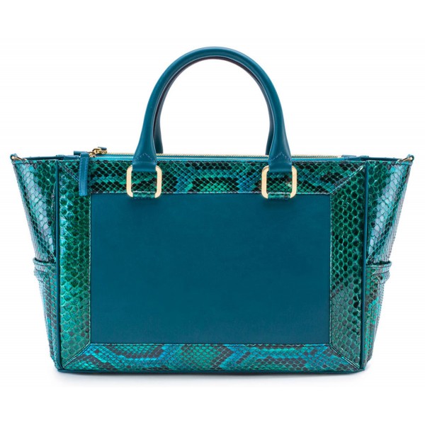 Aleksandra Badura - Ladylike Medium Bag - Calfskin & Python Top-Handle Tote Bag - Deep Teal - Luxury High Quality Leather Bag