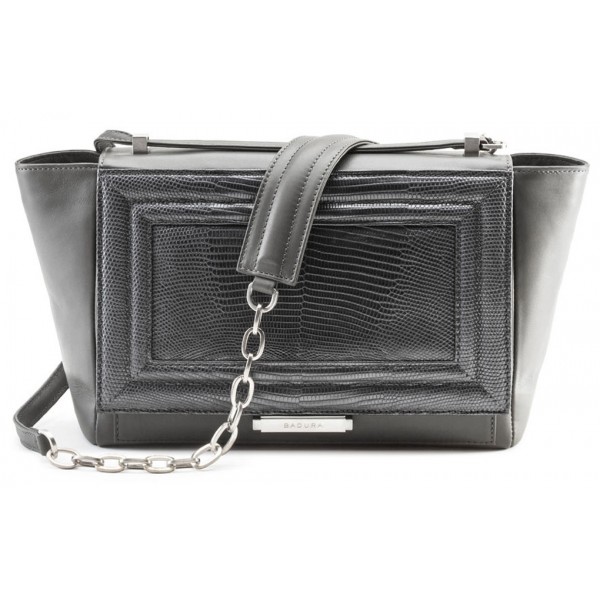 Aleksandra Badura - Luisa Bag - Calfskin & Lizard Shoulder Bag - Graphite - Luxury High Quality Leather Bag