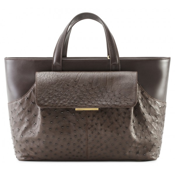 Aleksandra Badura - Cherie Bag - Ostrich & Calfskin Tote Bag - Chocolate - Luxury High Quality Leather Bag