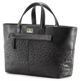 Aleksandra Badura - Cherie Bag - Ostrich & Calfskin Tote Bag - Carbon Black - Luxury High Quality Leather Bag